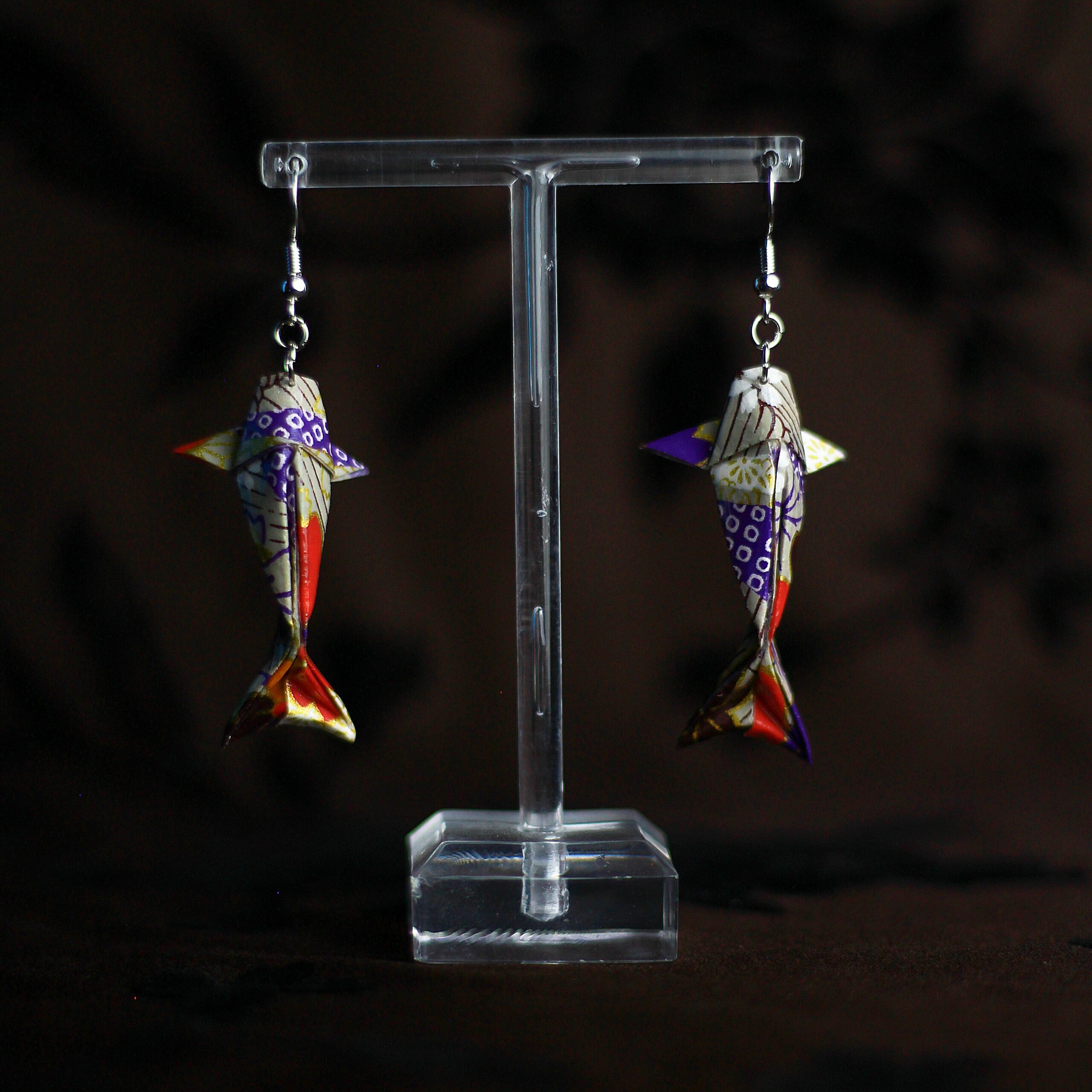 Koi Fish Origami Pendant Earrings Yuzen Washi / Orecchini a Pendente Carpa Koi Origami Yuzen Washi